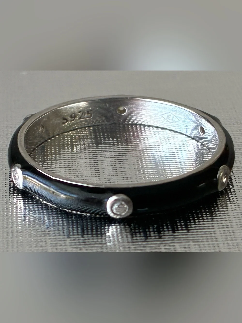 Sterling 925 Black Enamel Ring with Clear Stone Sz 9
